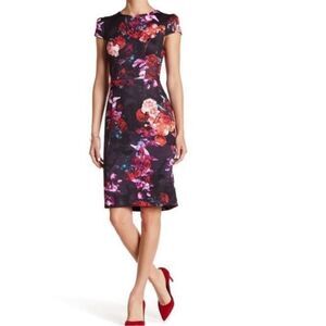 BETSEY JOHNSON black sheath dress, red/pink flowers, cap sleeves, back zip 8 EUC